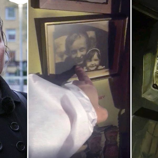 Kvinna med glasögon på huvuden, äldre fotografi på vägg, skadat elskåp på en vägg