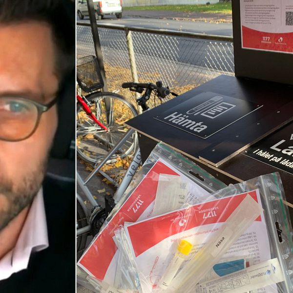 Bilden är delad i två. Den vänstra bilden är en bild på testsamordnare i Region Kalmar län, Andreas Delphin. Han har runda glasögon och svarta hörlurar på sig. Den högra bilden är en bild på en låda där man hämtar covidtest.