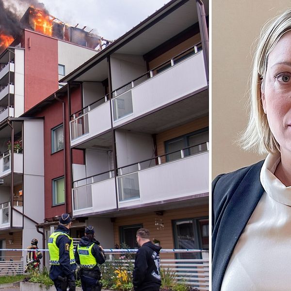 Bild från branden på höghuset i Öster och en bild på försvarsadvokaten Karin Lavén