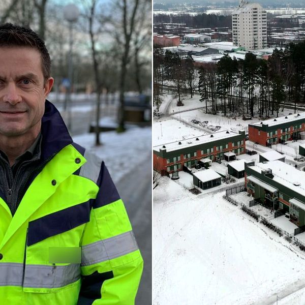Man med gul arbetsjacka, samt flygbild över miljonprogramsområde