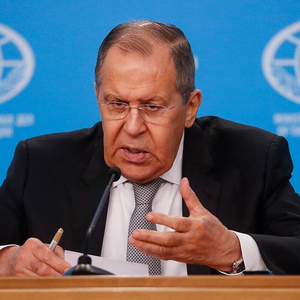 Rysslands utrikesminister Sergej Lavrov under en presskonferens.