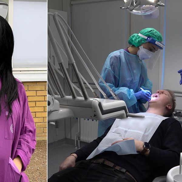 Till vänster en bild på Susan Sarwari. Till höger behandlar Susan och hennes kollega Sanya en patient.