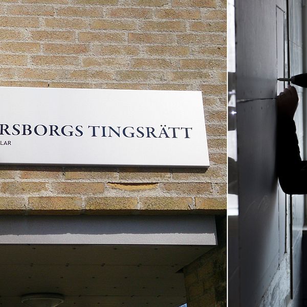En bild på Vänersborgs tingsrättsskylt och en siluett av en person som skruvar i en badrumsvägg.