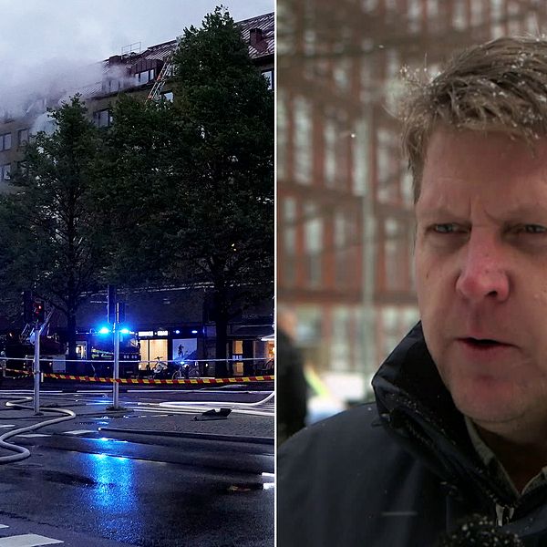 Till vänster en arkivbild från explosionen, till höger Kriminalinspektör Anders Jonasson.