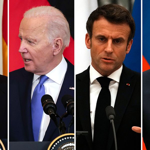 Tysklands förbundskansler Olaf Scholz och USA:s president Joe Biden från måndagens möte mellan de två i Vita huset i Washington, USA. Samt Frankrikes president Emmanuel Macron och Rysslands Vladimir Putin som även de möttes under måndagen, i Moskva, Ryssland.