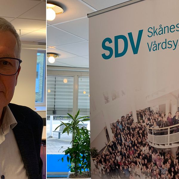Bilden är ett montage. Till vänster Harald Roos, styrgruppsordförande för SDV – Skånes digitala vårdsystem. Till höger en affisch för SDV.