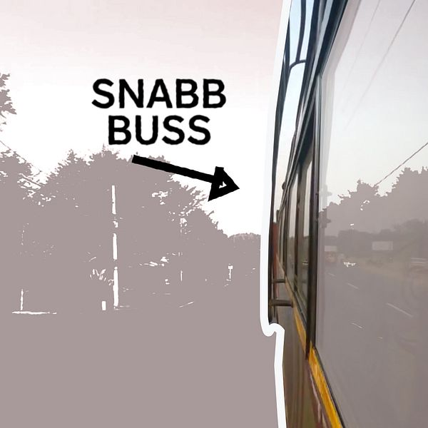 Ett kollage med en buss med en vit kant runt om som kör genom ett bostadsområde.
