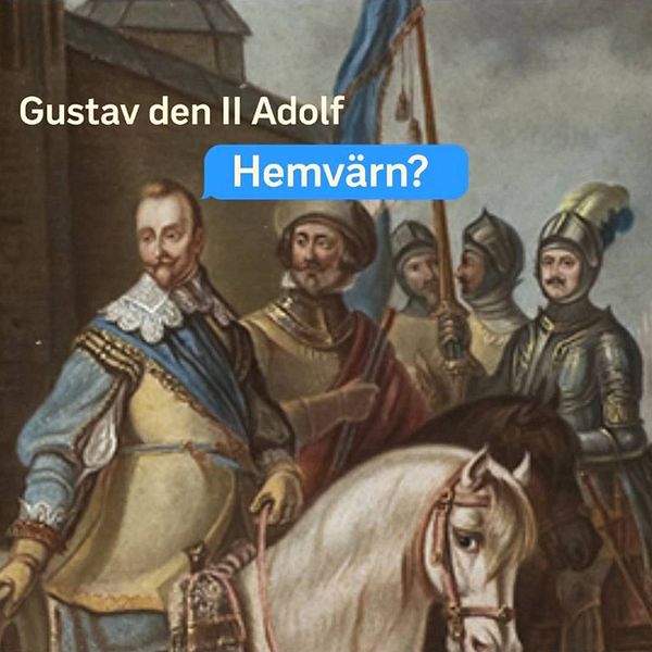 En målad blid på Gustav den II Adolf som sitter på en vit häst.