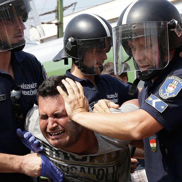 Kaotiska scener när polis ingrep mot flyktingar i dern ungerska staden Biscke.