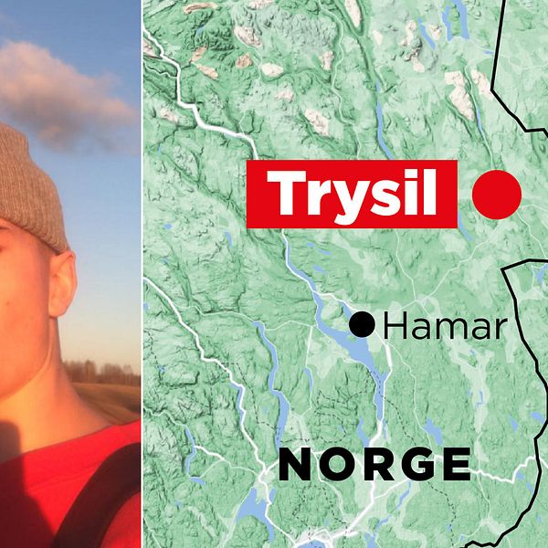 Delad bild med två sektioner: vänstra sektionen visar en oskarp person i en utomhusmiljö med blå himmel och moln. Högra sektionen är en karta som markerar platsen Trysil i Norge, nära gränsen till Sverige, med närliggande orter som Hamar, Idre och Sälen.