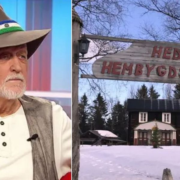 Ewert Ljusberg – äldre man i filthatt med ”Republiken Jämtlands” färger blått, vitt, grönt på bandet. Samt träskylt vid Hede Hembygdsgård.
