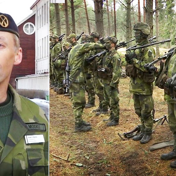 Delad bild – en bild på regementschefen Ronny Modig samt en bild på värnpliktiga på led i skogen