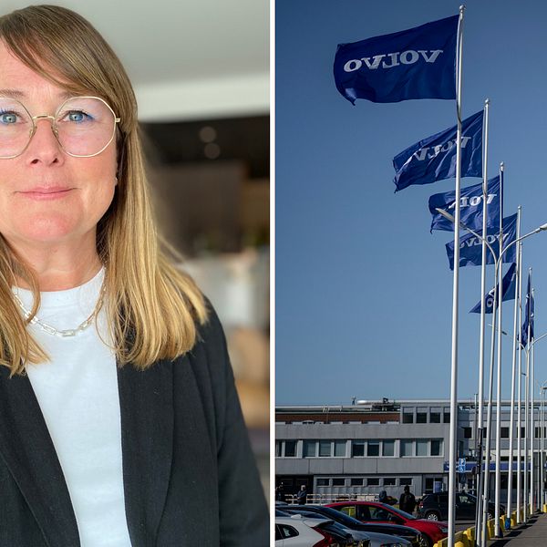 Tvådelad bild: Hanna Fager, global personalchef på Volvo cars och Volvoflaggor utanför en fabrik.