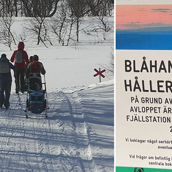 vy över stugor på fjällstationen en vårvinterdag, samt närbild på plakat om att Blåhammaren håller stängt