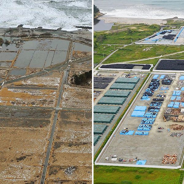 Ett industri-distrikt i Nahara direkt efter tsunamin och till höger den återuppbyggda versionen.