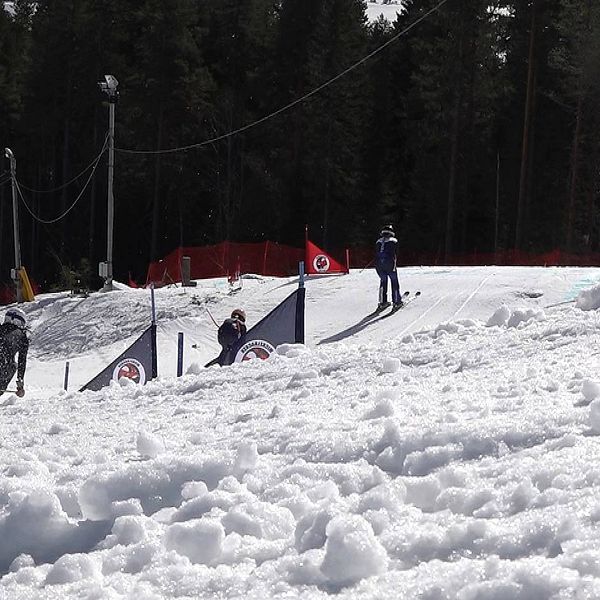 Fyra unga skidåkare åker nerför en skicrossbana