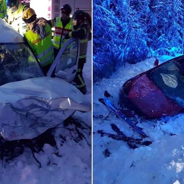 Delad bild. Till vänster grå bil med intryckt front. Räddningspersonal vid bilen. Till höger röd bil med takbox i diket.