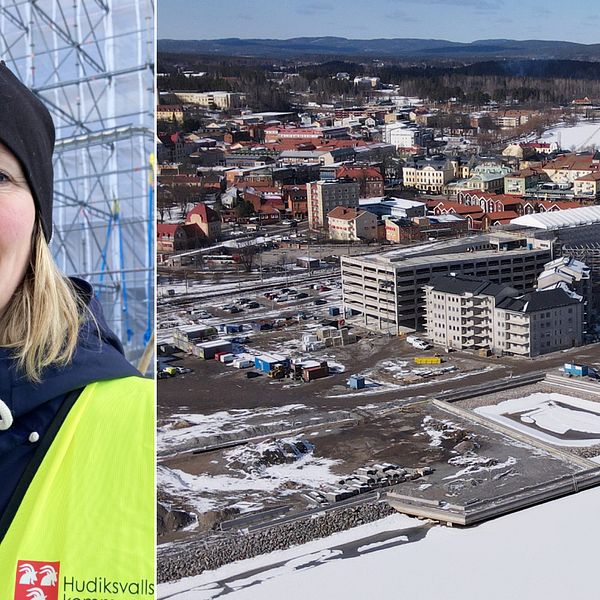 En person står i en säkerhetsväst med en byggnad och en stadsbild i bakgrunden. Till höger visas en översiktsvy av en stad med flera byggnader, gator och snöiga områden, vilket visar en modern stadsstruktur omgiven av natur.