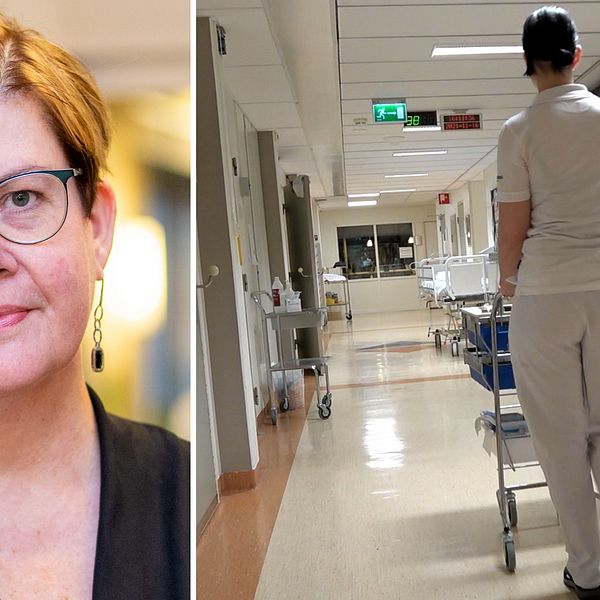 Porträtt på Åsa Bellander samt sjuksköterska i sjukhuskorridor.
