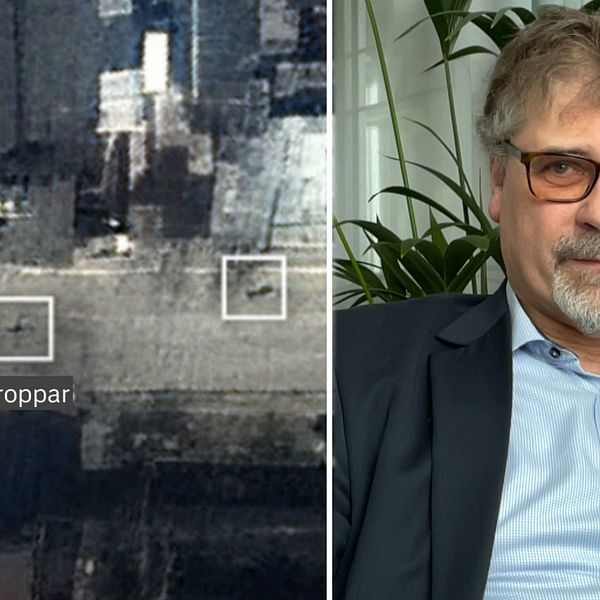 Tvådelad bild. Vänster: Satellitbild med markerade rutor. Höger: Person i kostym inomhus.