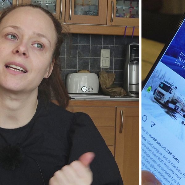 en kvinna som sitter i ett kök och pratar, samt närbild på mobilskärm som visar instagraminlägg