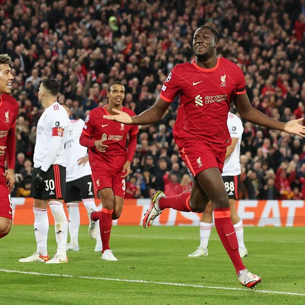 Ibrahima Konaté gjorde två mål under dubbelmötet med Benfica.