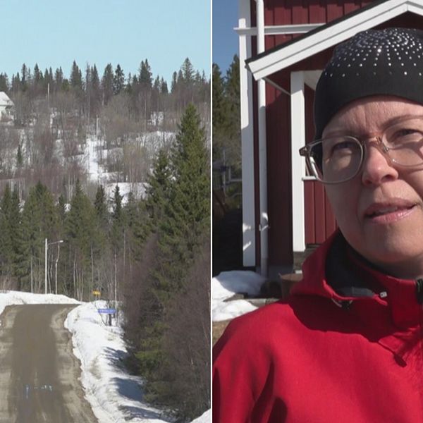 Till vänster syns en väg som leder till byn Fäbodliden som syns på en höjd. Till höger står Maria Staaf och blir intervjuad i en röd jacka och svar mössa med glittrigt mönster på. Hon bär ett par beiga glasögon.