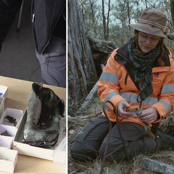 närbild handskklädd hand  som rör gamla föremål i kartonger, samt kvinna och man sitter i skogen och tittar på ett föremål