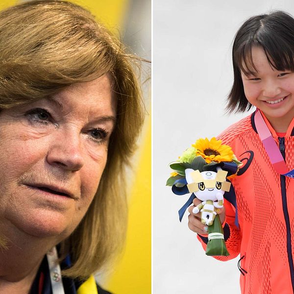 IOK:s Gunilla Lindberg, till vänster, och Momiji Nishiya, då 13 år, med sin guldmedalj vid Tokyo-OS.