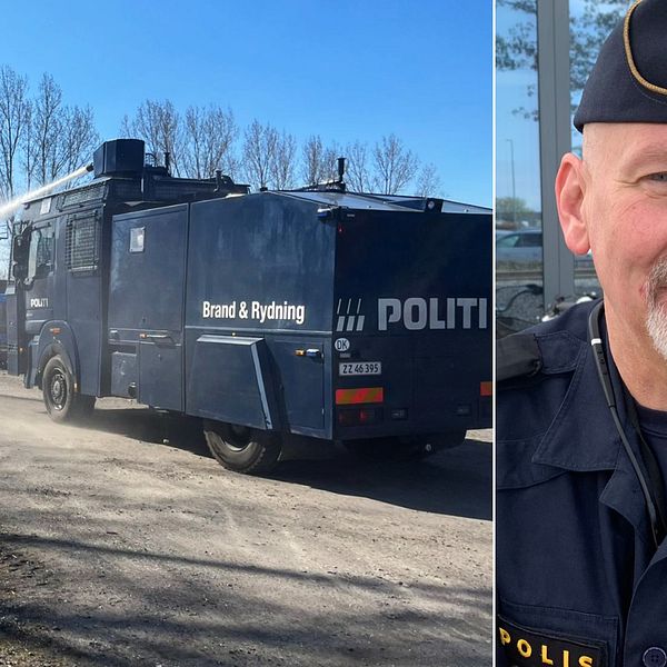 Bild på danska vattenkanonen och  polisinspektör Joakim Karlén.