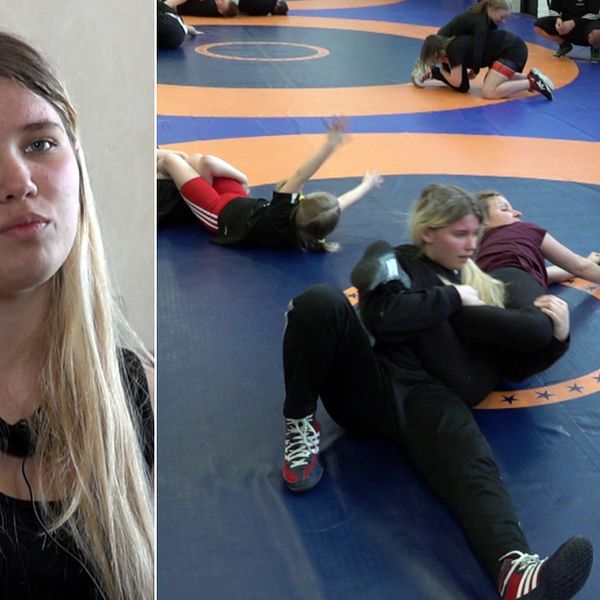 närbild på tjej med långt blont hår, samt bild från träning där flera tjejer brottas i par på mattan