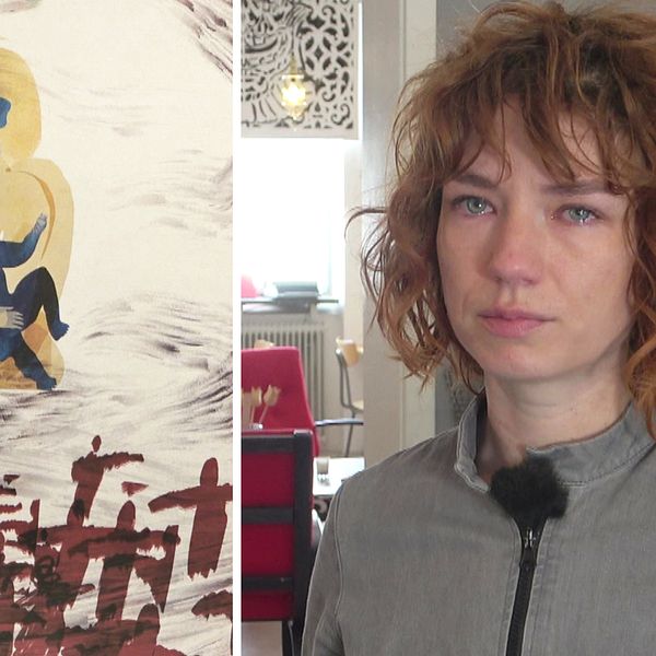 detalj av en målning med kvinna som håller barn, samt porträttfoto på konstnären Olga Yurasova – en tårögd kvinna med rött hår