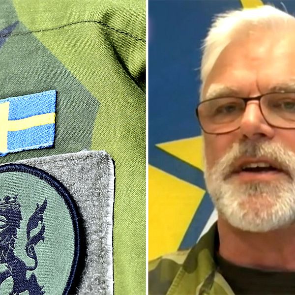 Svensk flagga på en militäruniform och Försvarsmaktens veteranchef Mats Fogelmark.