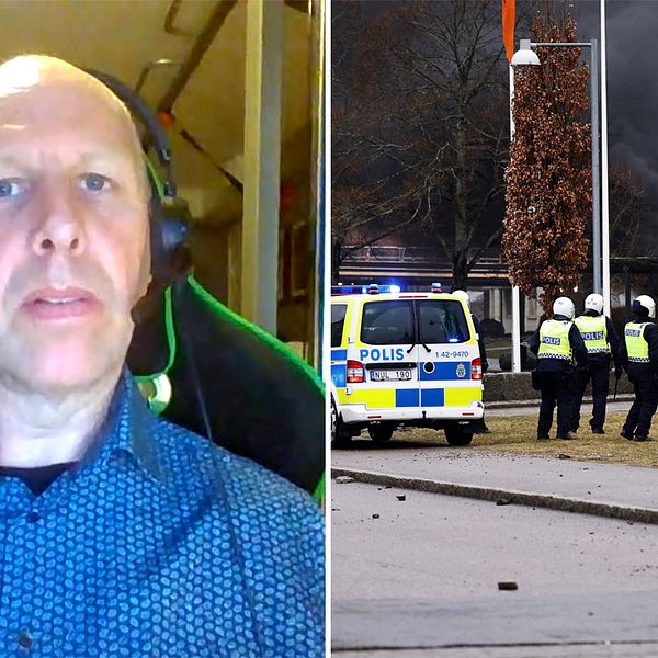 Polisforskaren Stefan Holgersson och arkivbild från upploppen i Norrköping efter Rasmus Paludans demonstration i Linköping i april 2022.