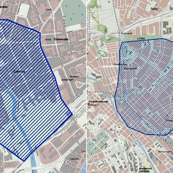 En karta över områden som kan komma att kameraövervakas i Västerås och Uppsala. Visar de centrala delarna