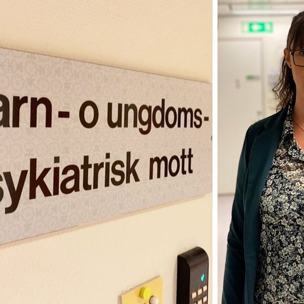 Mia Fridstaden på BUP vid Sundsvalls sjukhus står i korridoren och bredvid finns en skylt där det står barn- och ungdomspsykiatri