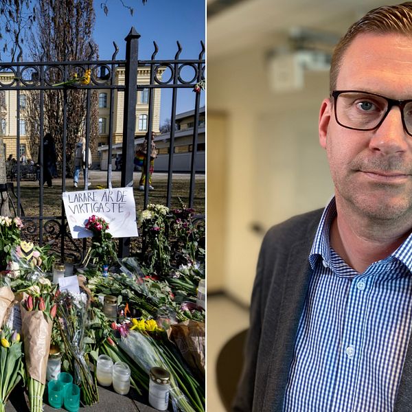 Minnesplats för två mördade lärare utanför Latinskolan i Malmö och bild på Latinskolans rektor Fredrik Hemmensjö.