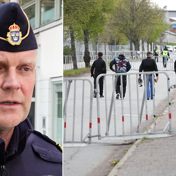 Till höger polisen Lars Wirén, till vänster en bild bakifrån på Rasmus Paludan tagen på långt håll.