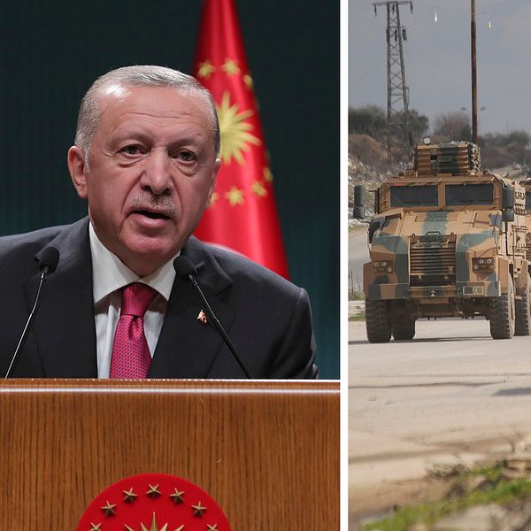 Turkiets president Recep Tayyip Erdogan bredvid bild på turkiska militärbilar i Syrien från 2020.
