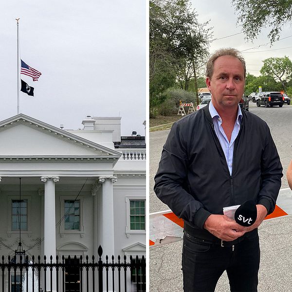 Den amerikanska flaggan svajar på halvstång på Vita huset efter tisdagens skolmassaker. Även bild på SVT:s korrespondent Stefan Åsberg med fotograf Mikael Eriksson.