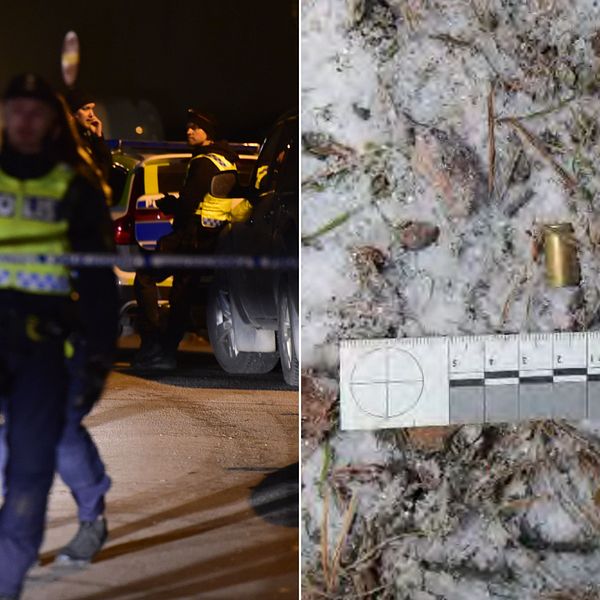 Bilden är delad i två. Den vänstra bilden är en bild på ett par poliser vid ett avspärrningsband. Den högra är en tomhylsa som hittats på en brottsplats.