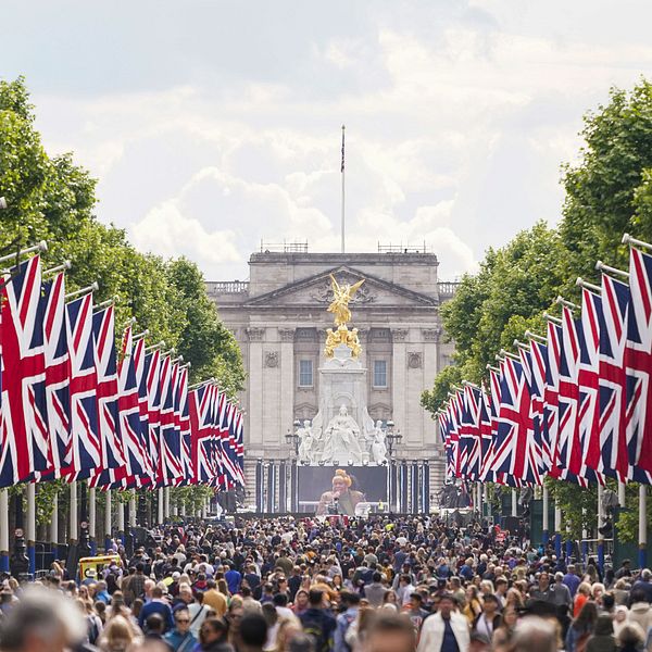 Människor samlade på gata i London. På båda sidorna hänger flera brittiska flaggor.