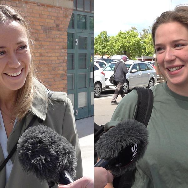 Två bilder på två kvinnor som ler och pratar i en mikrofon.