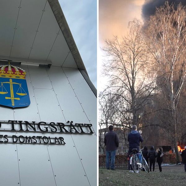 Tvådelad bild: Fasaden till Örebro tingsrätt och en brand under påskupploppen i Örebro 2022.