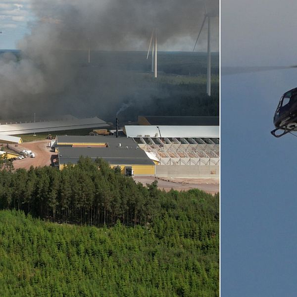 Rök som stiger från en brinnande byggnaden och en helikopter som ska vattenbomba.