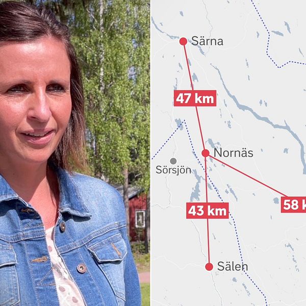 Delad bild – en kvinna med mörkt hår och jeansjacka till vänster. Till höger en bild på en karta hur långt det är till Särna, Älvdalen och Sälen från Nornäs.