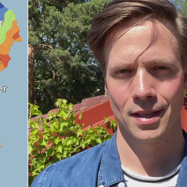 Delad bild – till vänster en karta över Sverige som visar vattennivåerna. Till höger en bild på en man med mörkt hår, alltså Nils Holmgren.