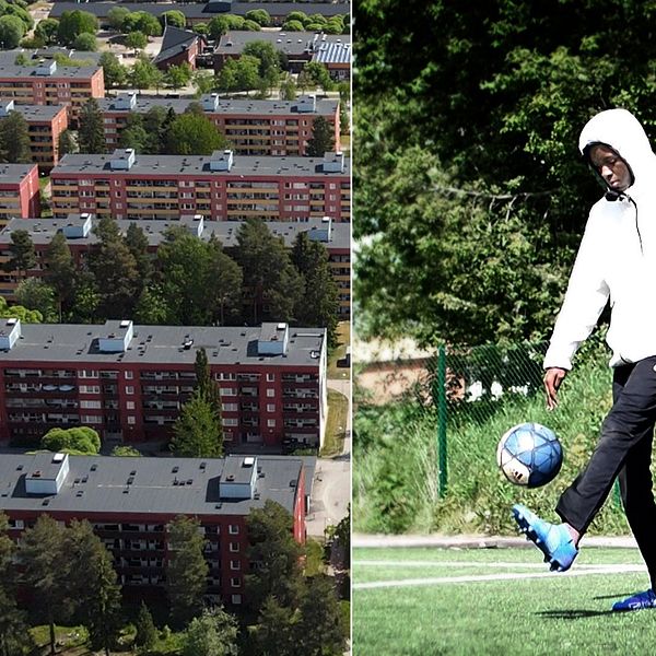 flygbild över bostadsområde med stora lägenhetshus, samt bild på en kille som bollar med en fotboll