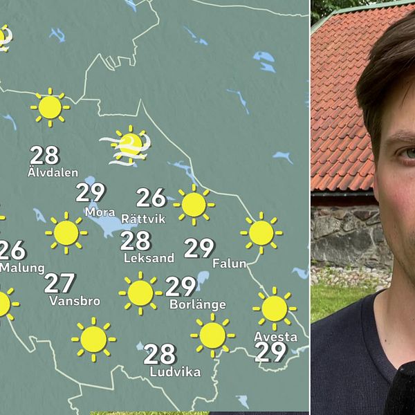 Delad bild – en bild på en karta över hur soligt det blir i Dalarna och en bild på Nils Holmqvist, en man med mörkt hår. Han står framför ett stenhus.