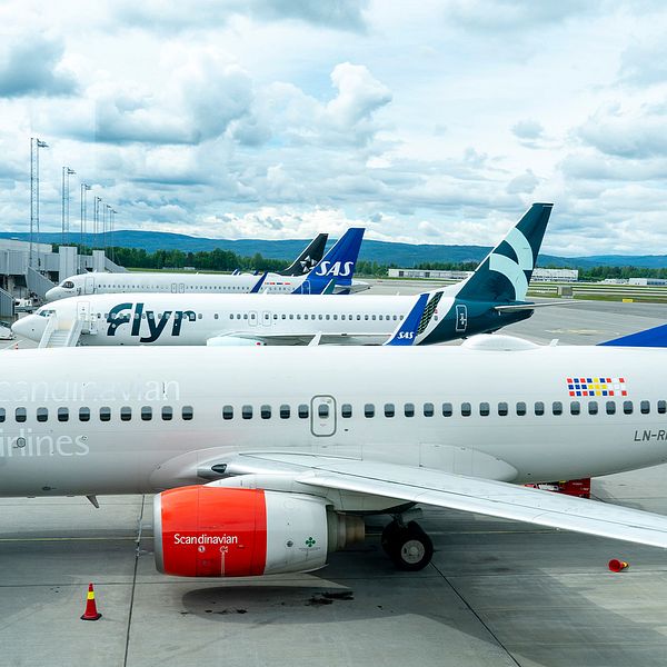 Ett Sas-flygplan står på Oslo flygplats.